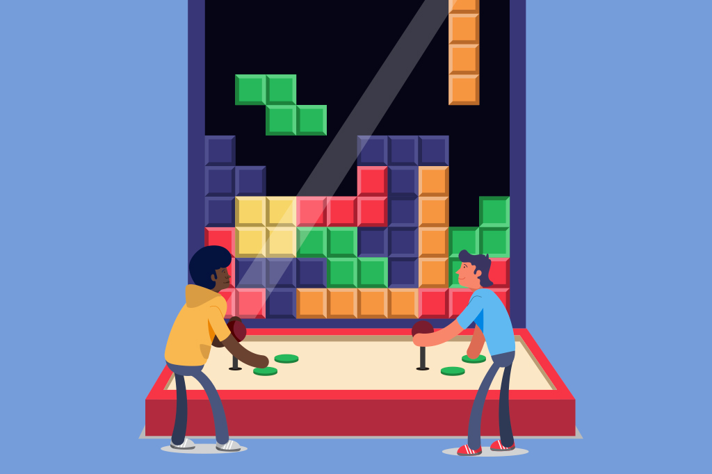 Ilustração de duas pessoas jogando Tetris.