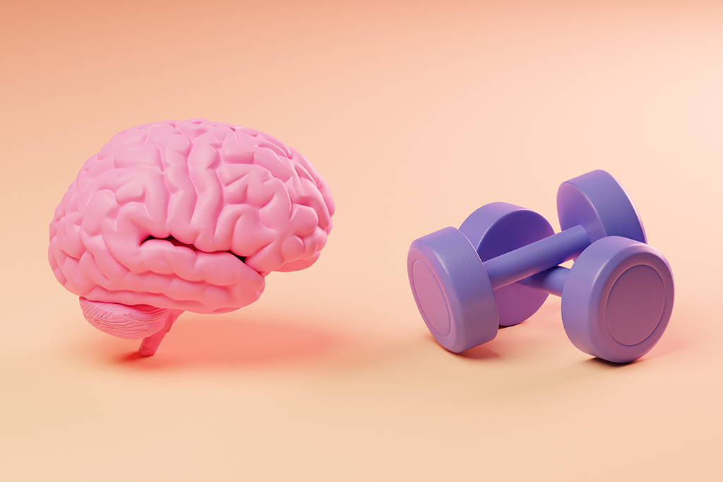 Ilustração 3D de um cérebro e um par de halteres.