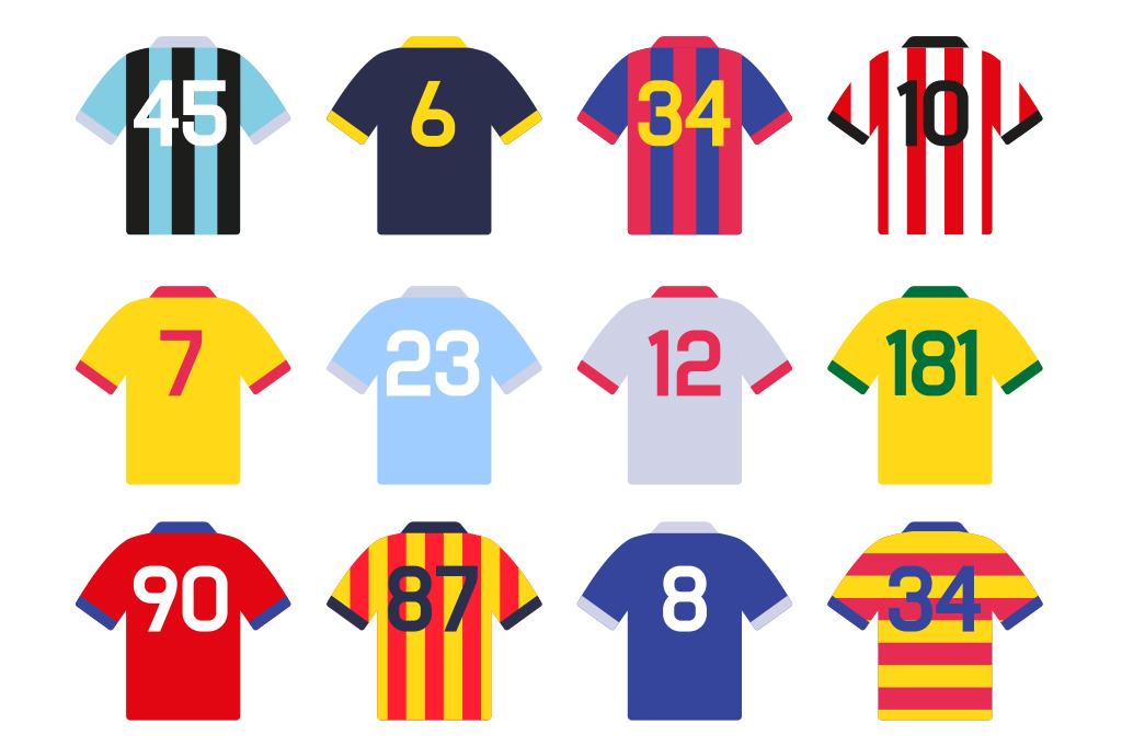 Ilustração, em fundo branco, de diversas camisas de times de futebol.