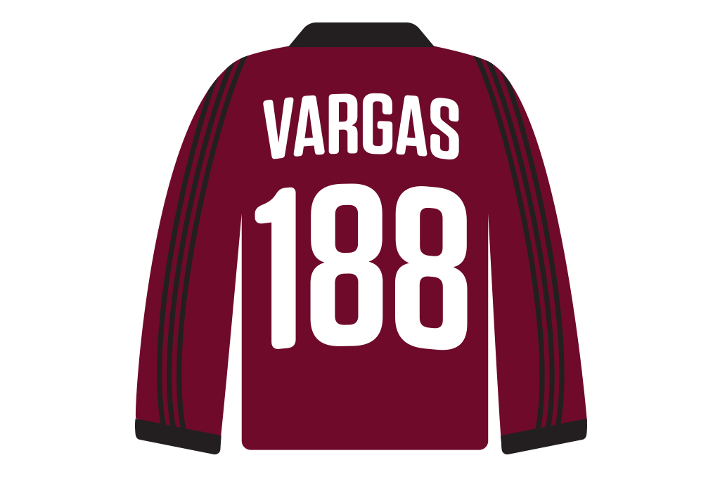 Ilustra&ccedil;&atilde;o, em fundo branco, de uma camisa de futebol violeta.