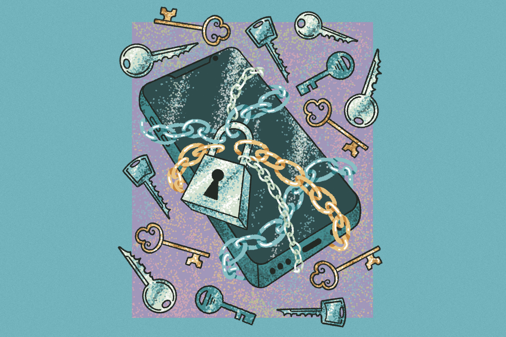 Ilustra&ccedil;&atilde;o, em fundo verde, de um telefone celular envolto de correntes e diversas chaves.