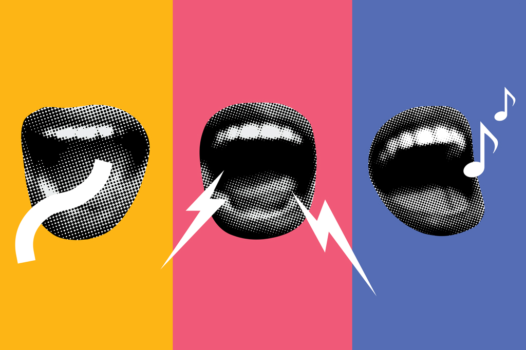 Imagem conceitual composta de três colunas coloridas amarela, rosa e azul respectivamente. Na primeira, vê-se uma boca com uma serpentina branca. Na segunda, vê-se uma boca com dois raios brancos e na terceira, vê-se uma boca com duas notas musicais.