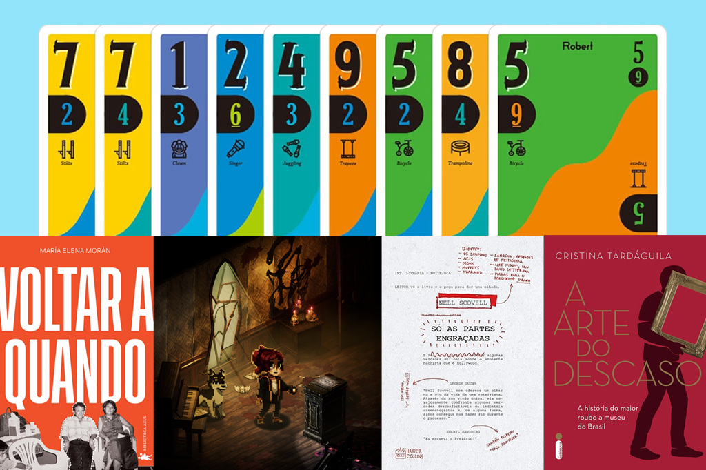 Mosaico com imagens do livros "Voltar quando", "Só as coisas engraçadas", Ä arte do descaso" e dos jogos "Enigma do Medo" e "Scout".