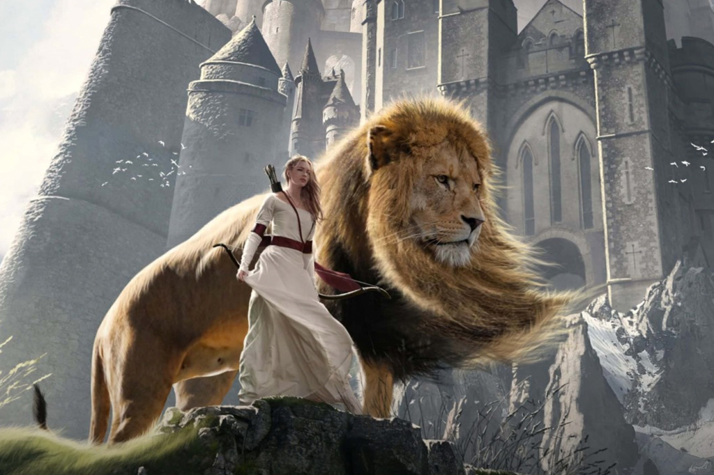 Imagem do filme Cr&ocirc;nicas de N&aacute;rnia. V&ecirc;-se um jovem arqueira ao lado de um grande le&atilde;o. Ao fundo, um imenso castelo.