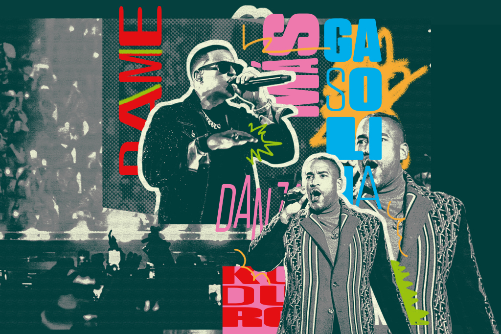 Colagem, em fundo verde escuro, com os cantores Daddy Yankee e Don Omar.