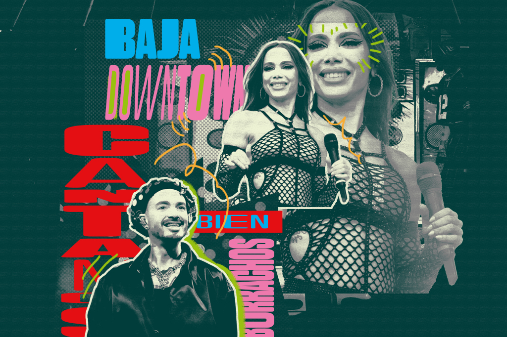 Colagem, em fundo verde escuro, com os cantores J Balvin e Anitta.