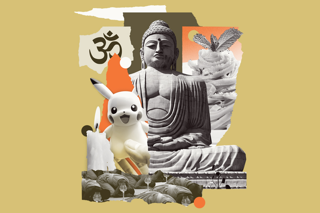 Colagem, em fundo marrom claro, composta de imagens de uma estátua grande de Buda, um Pikachu, pessoas rezando e um prato de macarrão.