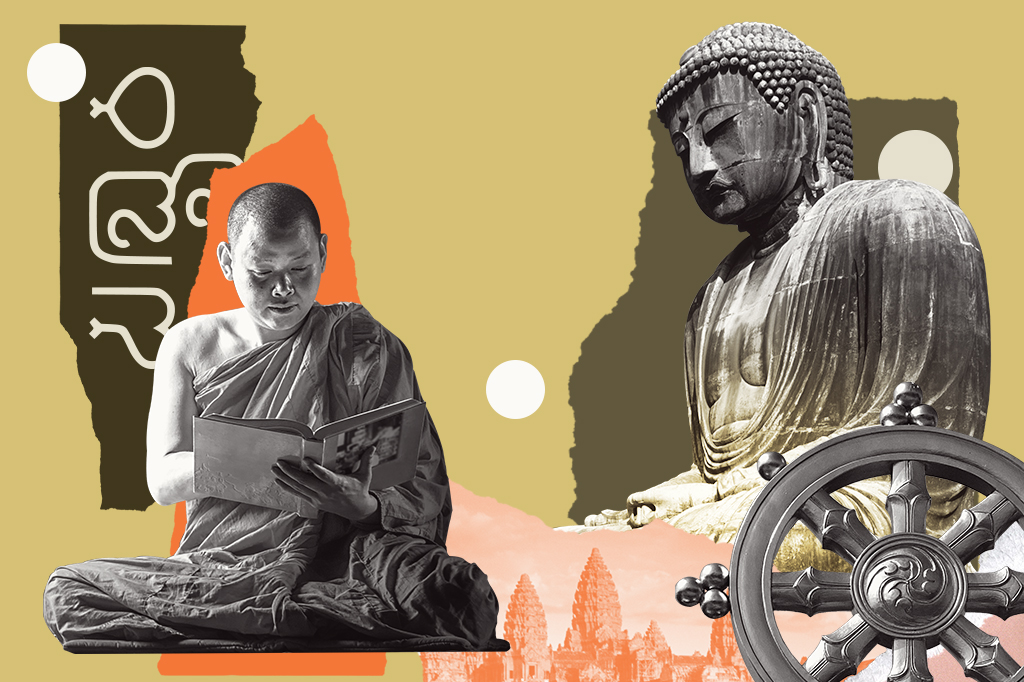 Colagem, em fundo marrom claro, composta de imagens de uma est&aacute;tua grande de Buda, um templo, um tim&atilde;o e um monge lendo um livro.