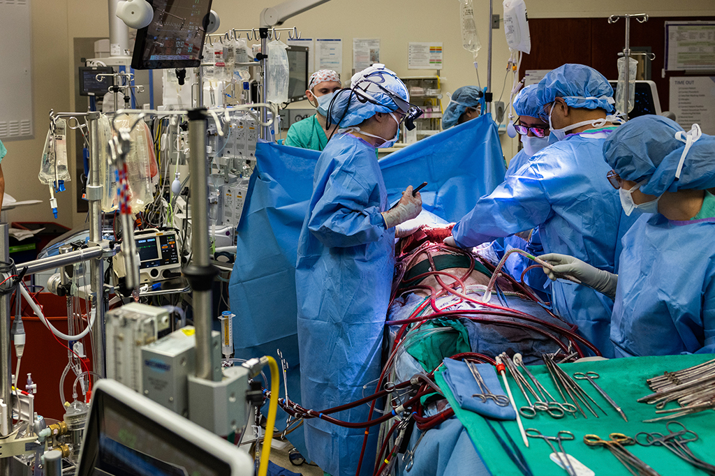 Fotografia dos cirurgiões removendo os pulmões infectados de um paciente e ele permaneceu vivo sem pulmões por 48h.