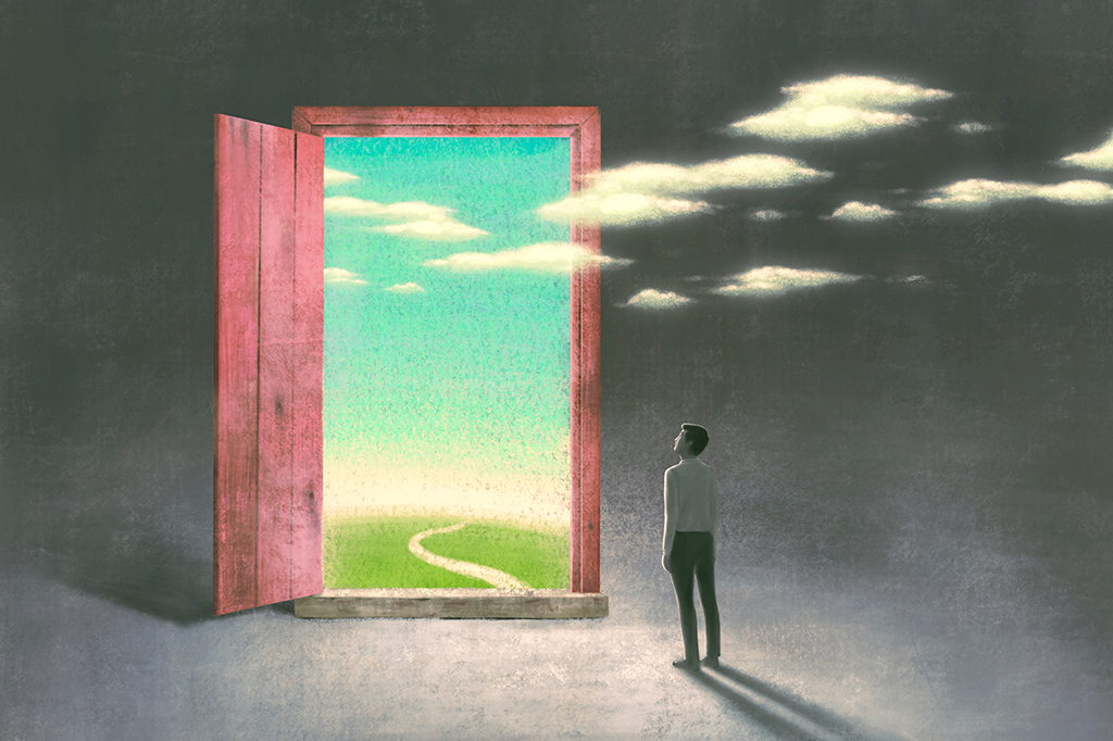 Ilustração de Arte surreal do sucesso dos sonhos e conceito de esperança, arte da imaginação, ambição ideia de pintura ilustração, homem com natureza em uma porta.