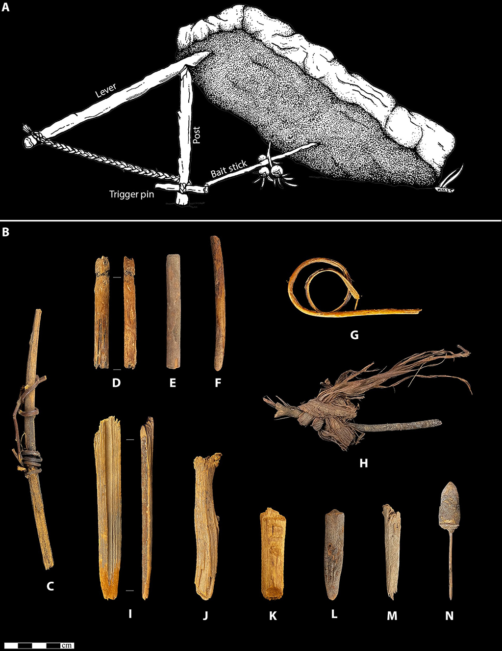 Ilustra&ccedil;&atilde;o de uma armadilha para pegar coelhos e artefatos de madeira.