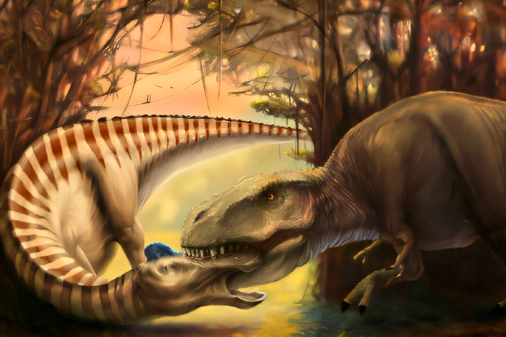 Ilustração da 'A Mordida', da paleoartista Jenn Hall.
