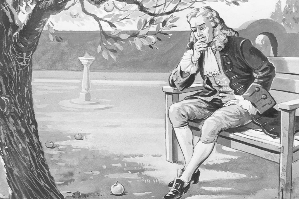 Ilustração do matemático e físico inglês Sir Isaac Newton (1642 - 1727) contempla a força da gravidade, como conta a famosa história, ao ver uma maçã cair em seu pomar, por volta de 1665.