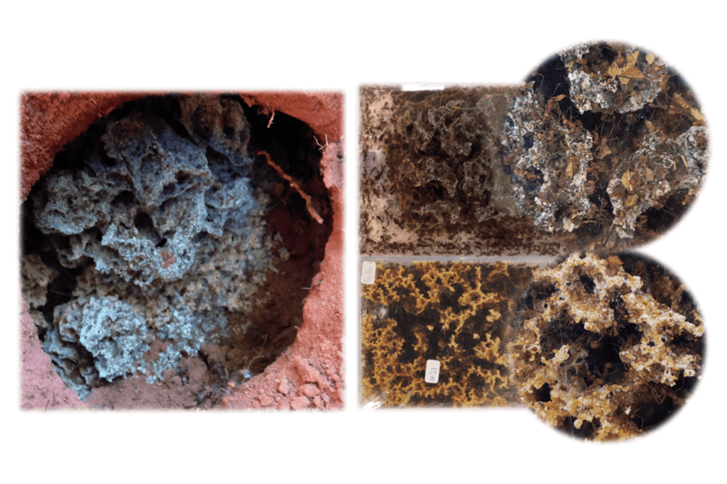 Fotografia do jardim microbiano de sa&uacute;vas em campo (esq); jardim de laborat&oacute;rio alimentado somente com folhas (direita superior), e somente com frutas e cereais (direita inferior).