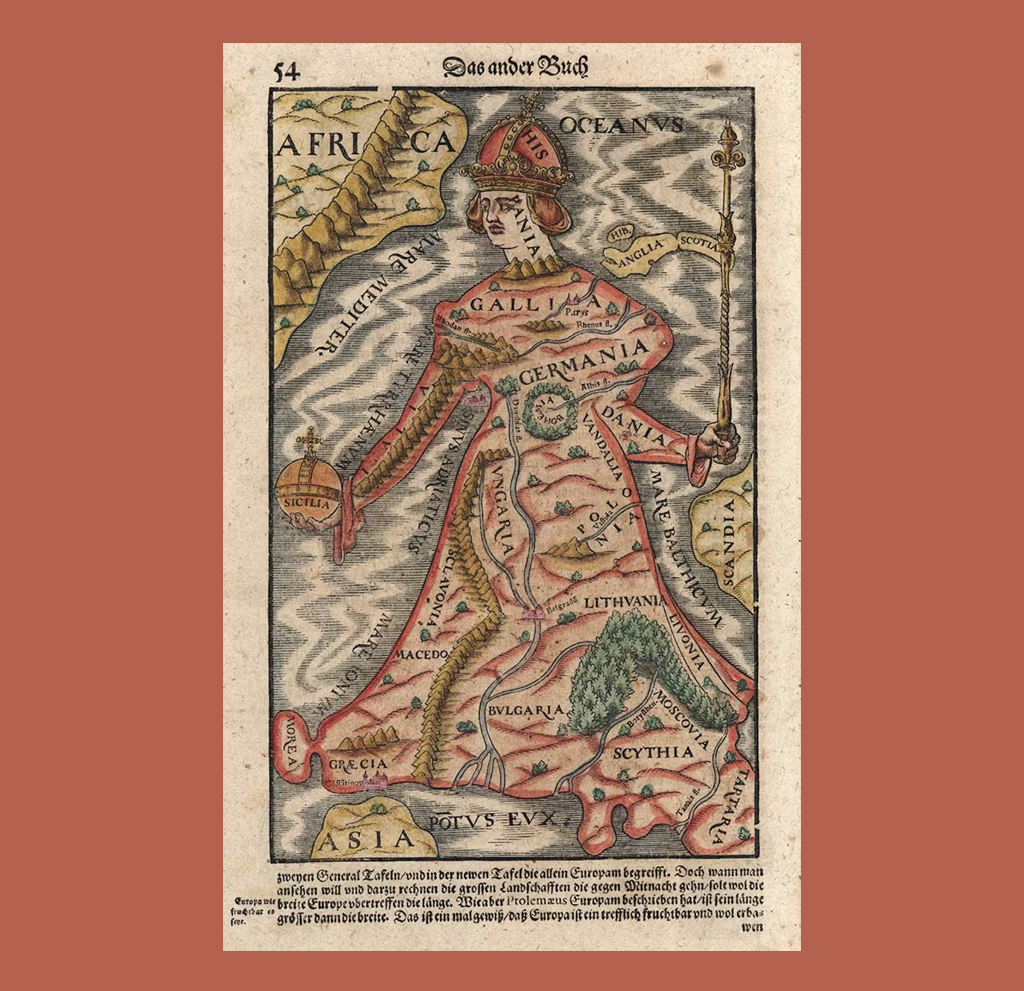Ilustra&ccedil;&atilde;o do mapa da Europa no formato de uma rainha de Sebastian M&uuml;nster.