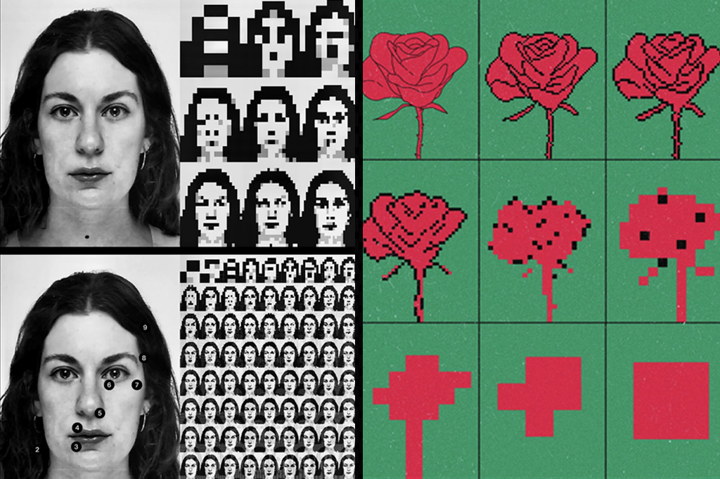 Montagem mostrando duas imagens, a da esquerda mostra o trabalho da Lena Weber pixelando uma imagem de um rosto e a da direita mostra uma ilustra&ccedil;&atilde;o do Huanhuan Wang desconstruindo uma flor em pixel.