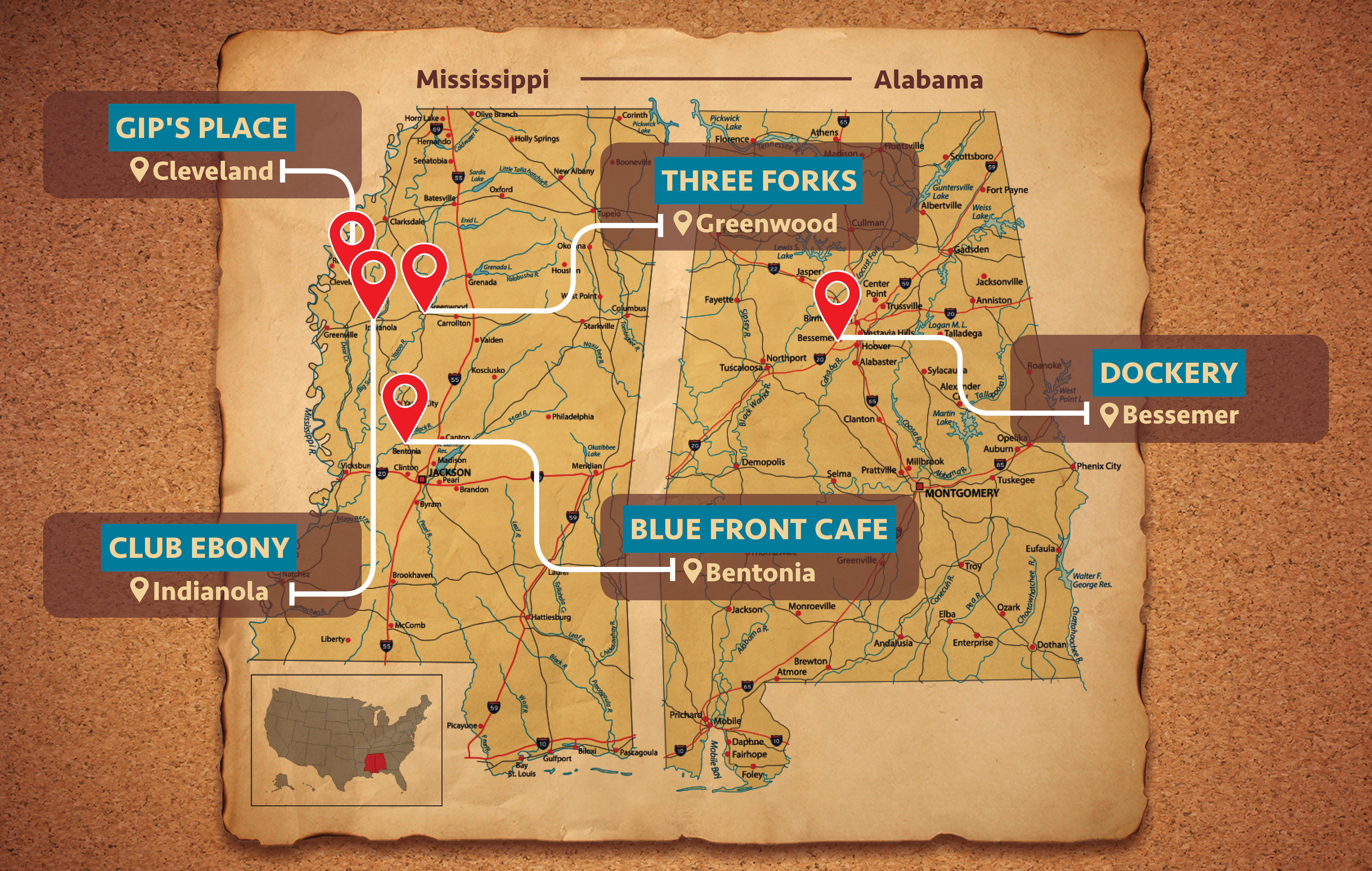 Mapa do Mississippi e Alabama com marca&ccedil;&otilde;es de locais de juke joints.