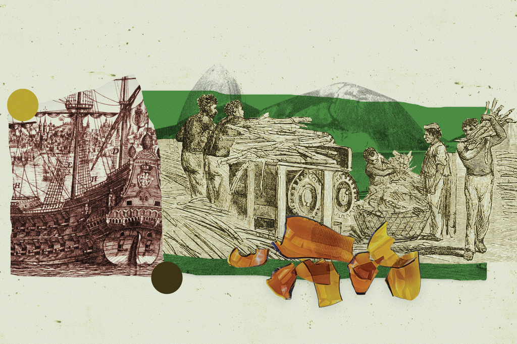 Imagem, em fundo verde claro, de colagem feita com imagens de um engenho de cana-de-a&ccedil;&uacute;car e uma caravela portuguesa.
