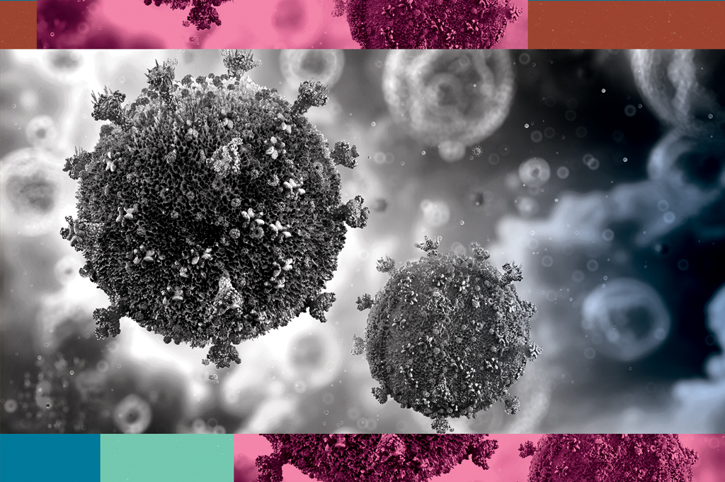 Imagem microscópica e ampliada de dois vírus HIV.