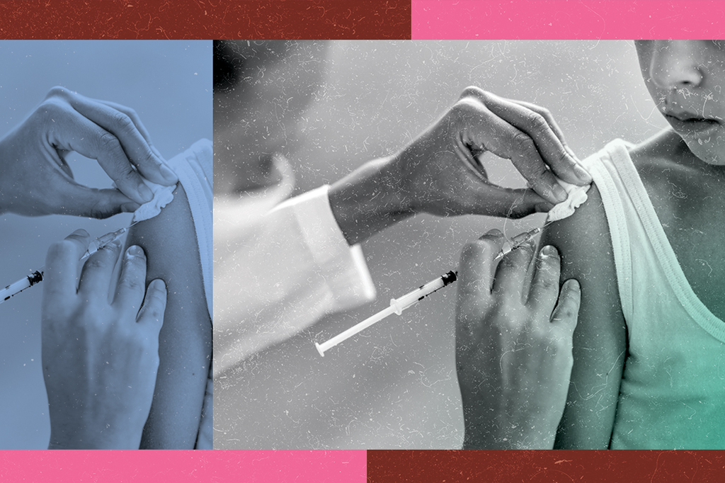 Imagem de uma criança tomando vacina no braço.