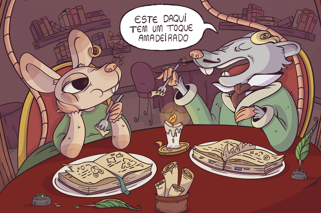 Ilustração cômica de um casal de ratos bem vestidos, sentados a mesa de um restaurante, saboreando folhas de livros. O rato faz uma avaliação do tempero das folhas enquanto é observado pela rata.