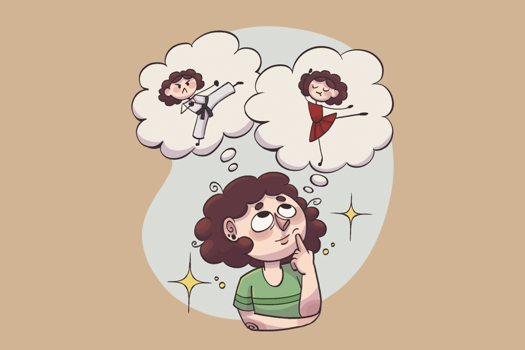 Ilustra&ccedil;&atilde;o, em fundo marrom, de uma garota pensando em duas atividades f&iacute;sicas: arte marcial e dan&ccedil;a.