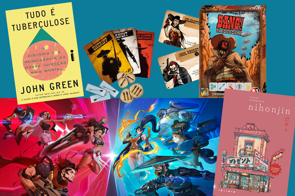 Colagem, em fundo verde, com os livros Tudo é tuberculose, Nihonjin, e com os jogos Overwatch e Bang!