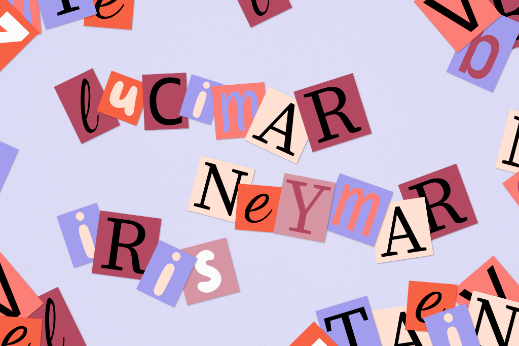 Imagem de letras espalhadas num fundo azul formando os nomes Lucimar, Neymar e Iris.