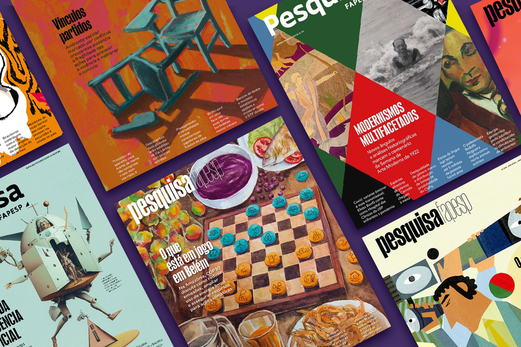 Montagem com as capas da Revista Pesquisa Fapesp.