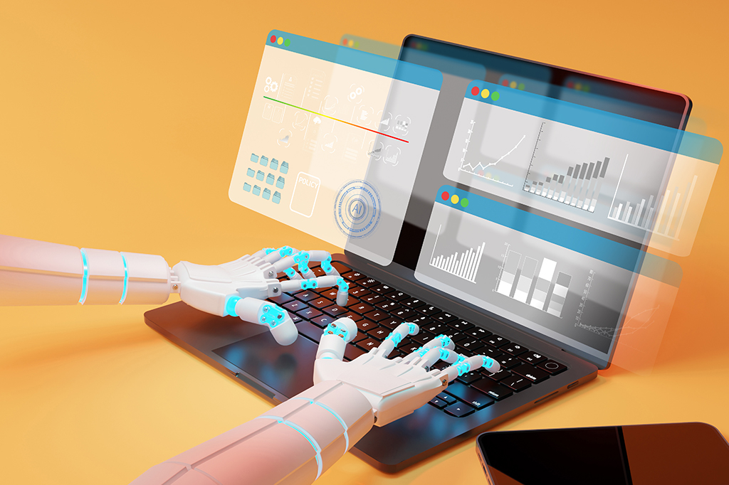 Imagem mostra um braço robótico de IA escrevendo noticias.