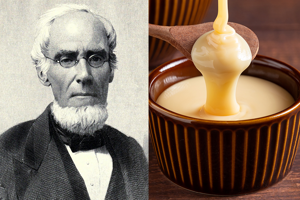 Imagem do Gail Borden ao lado uma foto de leite condensado.