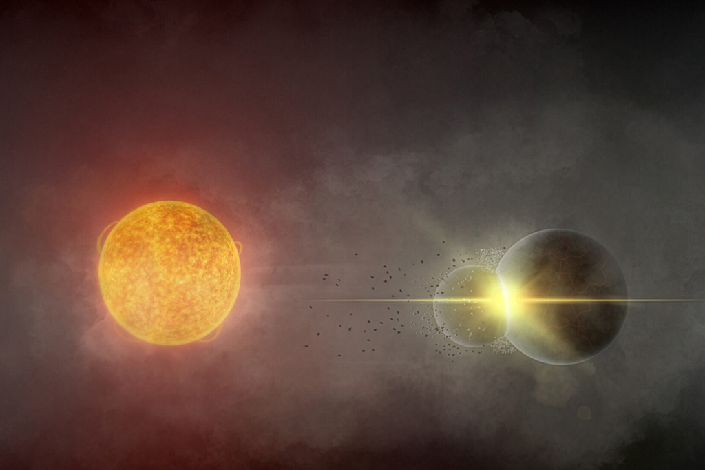 Representação da colisão planetária que ele suspeita ter ocorrido em torno da estrela Gaia20ehk em 2021.