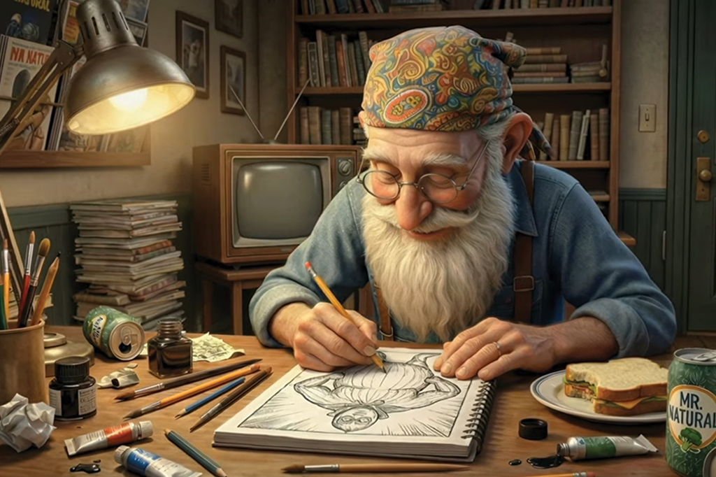 Imagem de um senhor de longa barba branca, usando toca e casaco azul, fazendo um desenho num caderno sobre a mesa. Ao fundo, v&ecirc;-se, uma antiga TV e uma estante de livros.