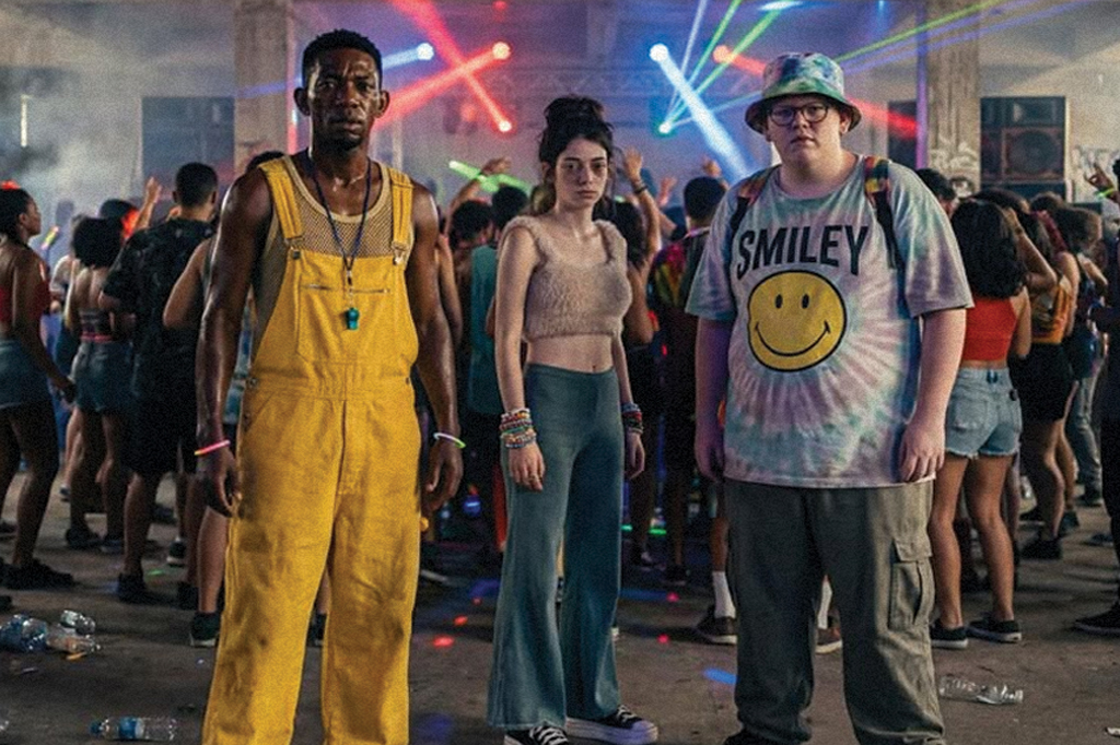 Imagem de tr&ecirc;s jovens numa festa. Ao fundo, v&ecirc;-se um muitas pessoas reunidas numa pista de dan&ccedil;a.