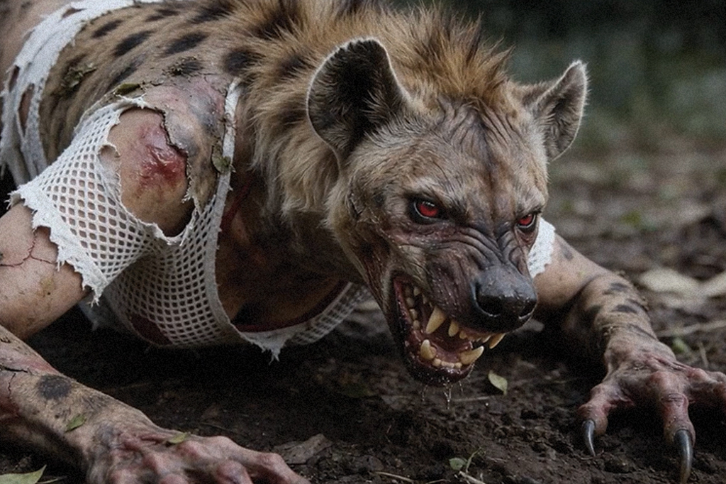 Imagem de uma garota se transformando numa fera com garras e olhos vermelhos.