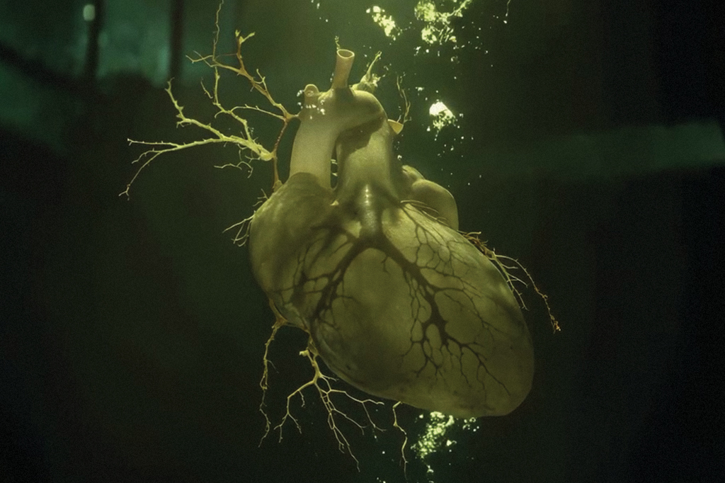 Imagem de um cora&ccedil;&atilde;o boiando no formol.