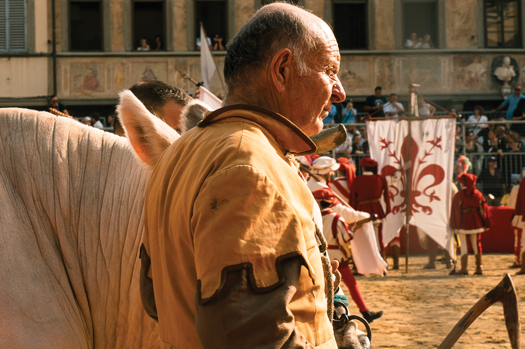 Fotografia de uma cena durante o torneio Calcio Storico Fiorentino de 2025: um homem idoso acompanhado por um cavalo branco.