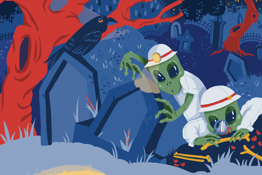 Ilustração de dois arqueólogos extraterrestres estudando um cemitério a noite. Vê-se um corvo sobre uma lápide.