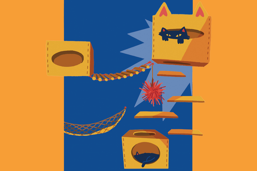 Ilustra&ccedil;&atilde;o, em fundo azul escuro e laranja, de um playground para gatos.