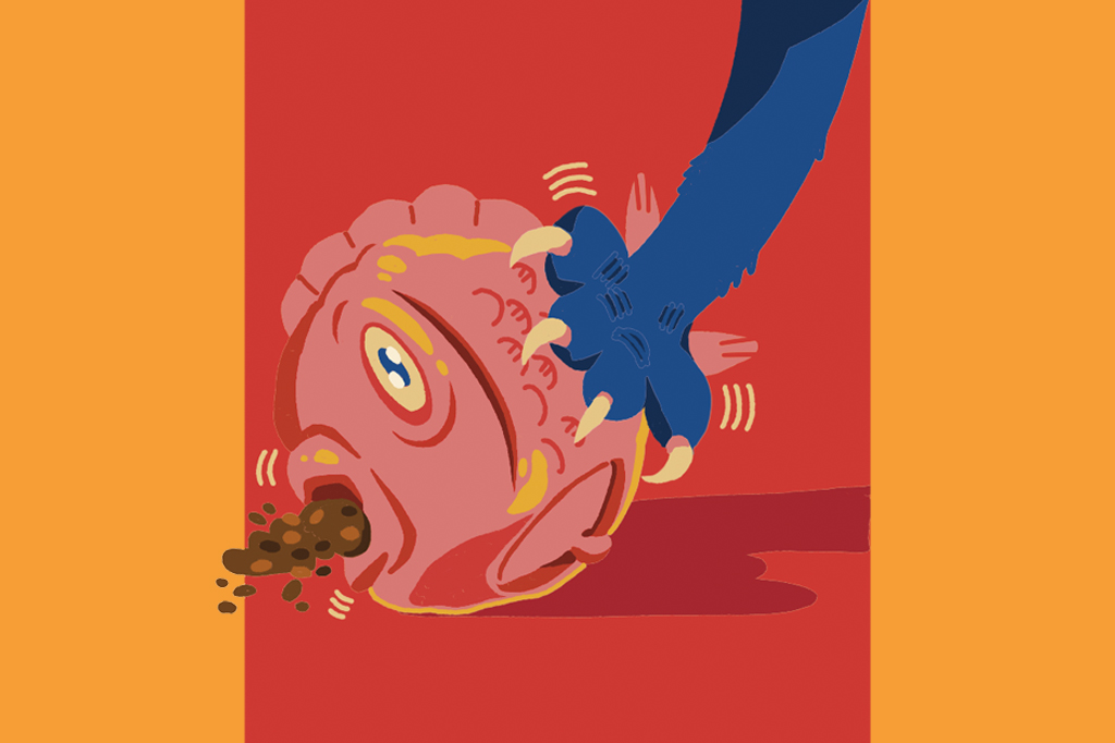 Ilustra&ccedil;&atilde;o, em fundo vermelho e laranja, de uma pata de gato brincando com um peixe artificial.