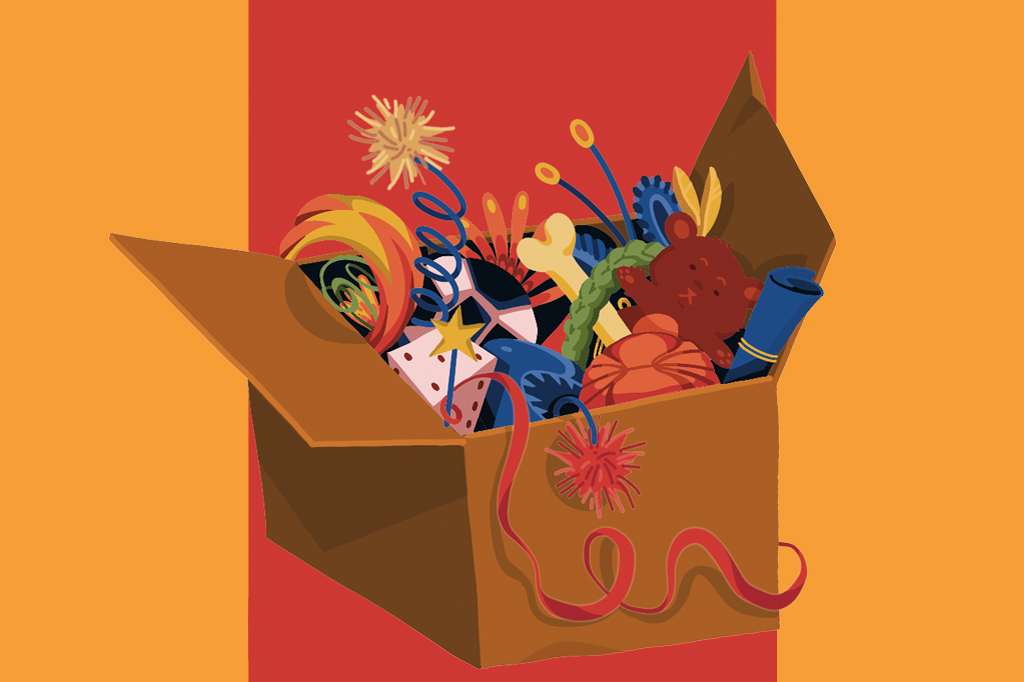 Ilustra&ccedil;&atilde;o, em fundo vermelho e laranja, de uma caixa de papel&atilde;o cheia de brinquedos.