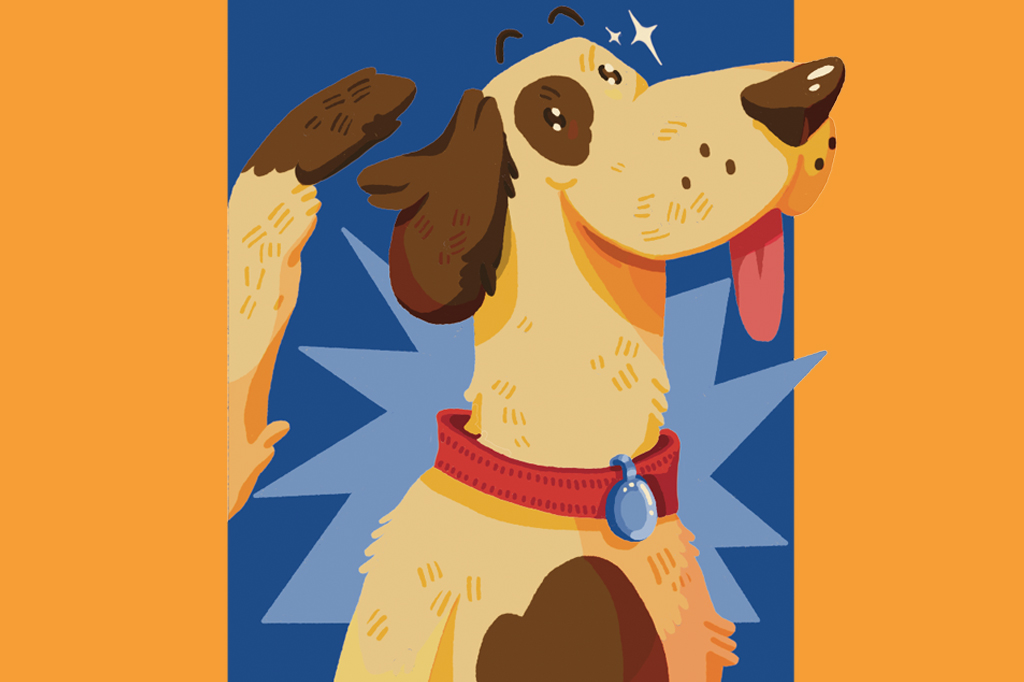 Ilustra&ccedil;&atilde;o, em fundo azul escuro e laranja, de um cachorro feliz.
