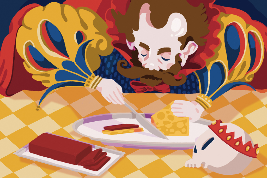 Ilustração cômica, de William Shakespeare cortando a saborosa sobremesa de goiabada com queijo – Romeu e Julieta.