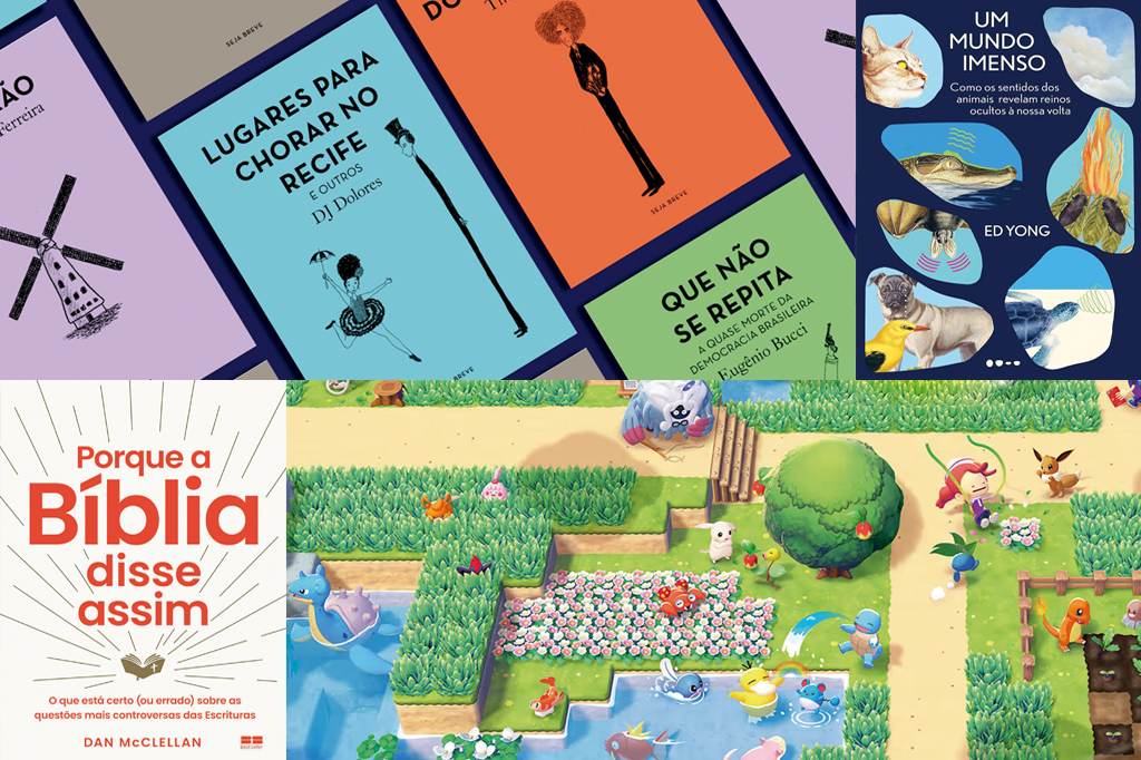 Mosaico composto com os livros Um Mundo Imenso, Porque a Bíblia Disse Assim, Despaixão, Lugares para Chorar no Recife e do jogo Pokémon Pokopia.