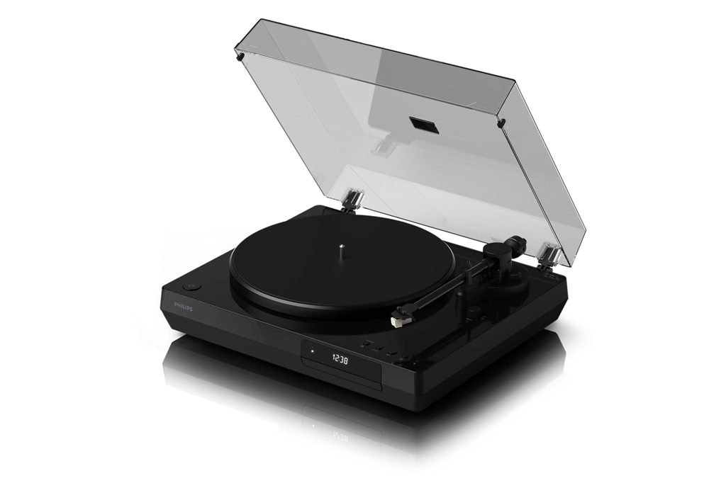 Imagem, em fundo branco, de uma vitrola preta.