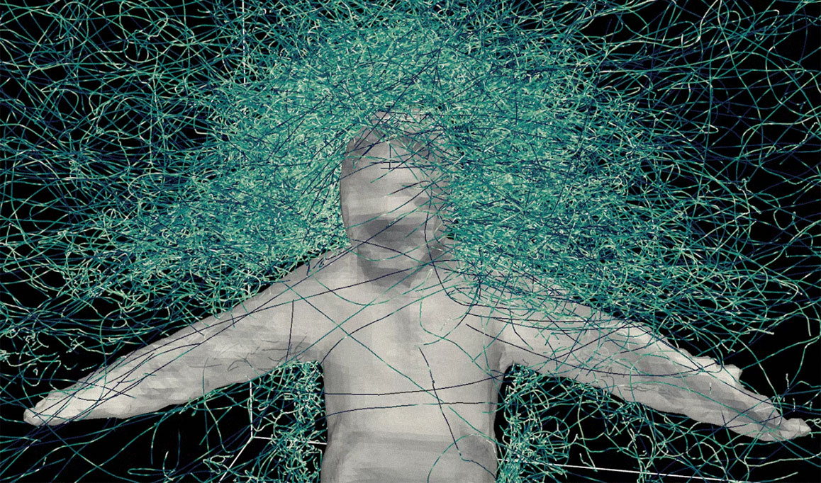 Trajetórias de mosquitos voando ao redor de um alvo humano.