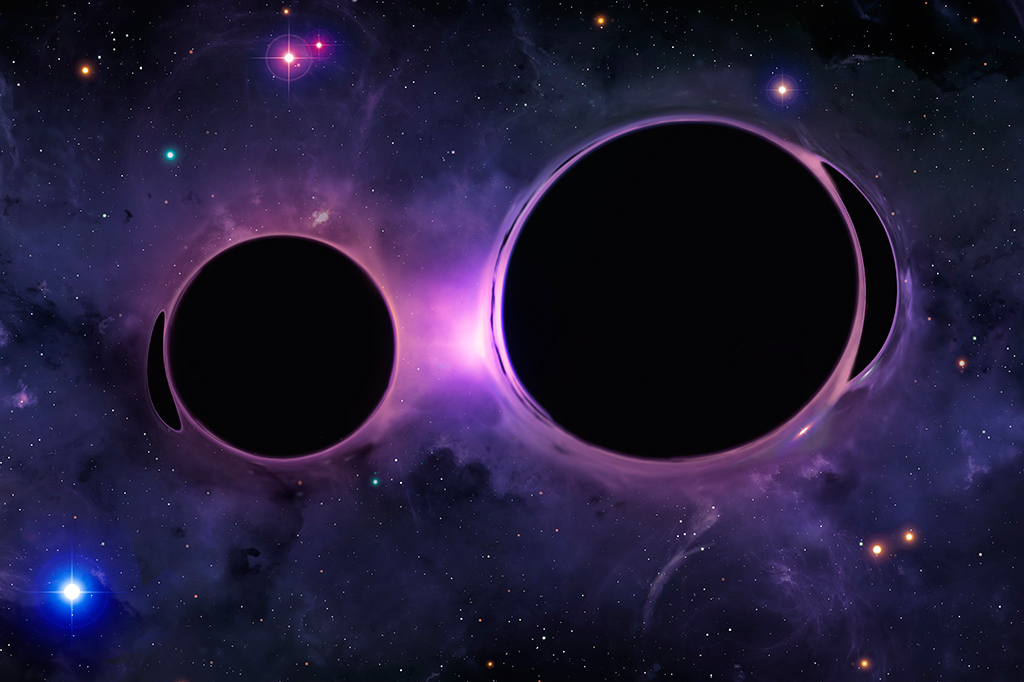 Fotografia de dois buracos negros começando a colidir.