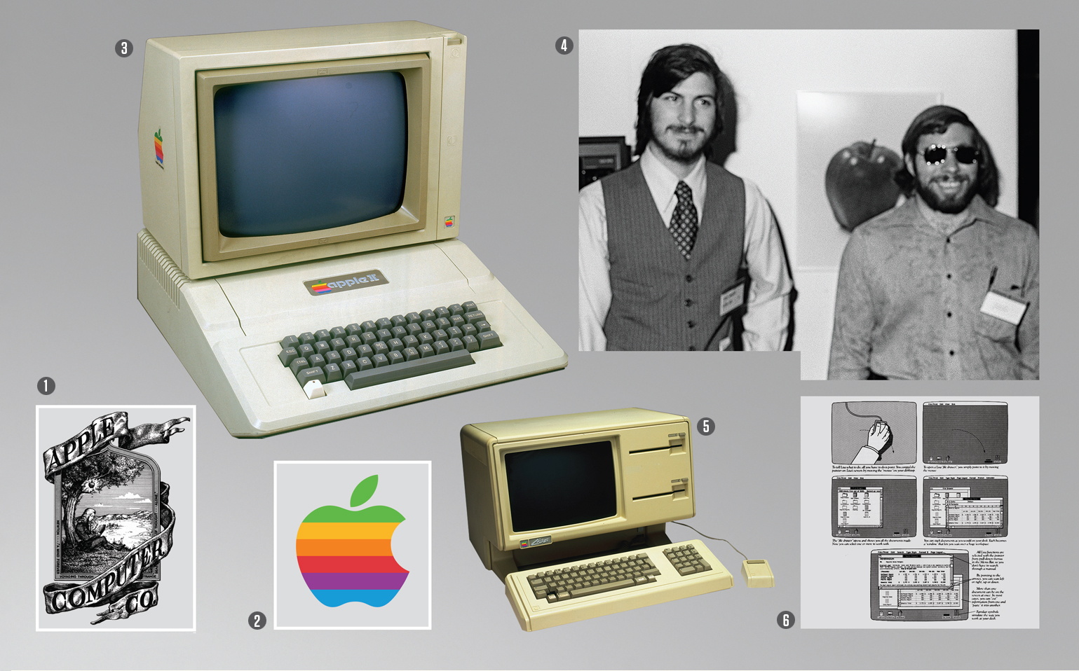 Imagem, em fundo cinza, com um mosaico de produtos e logotipos da Apple. No alto, v&ecirc;-se uma foto de Steve Jobs e Steve Wozniak.