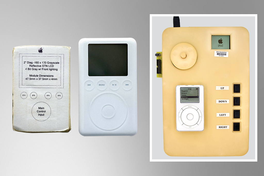 Imagem, em fundo cinza, do iPod produzido pela Apple.