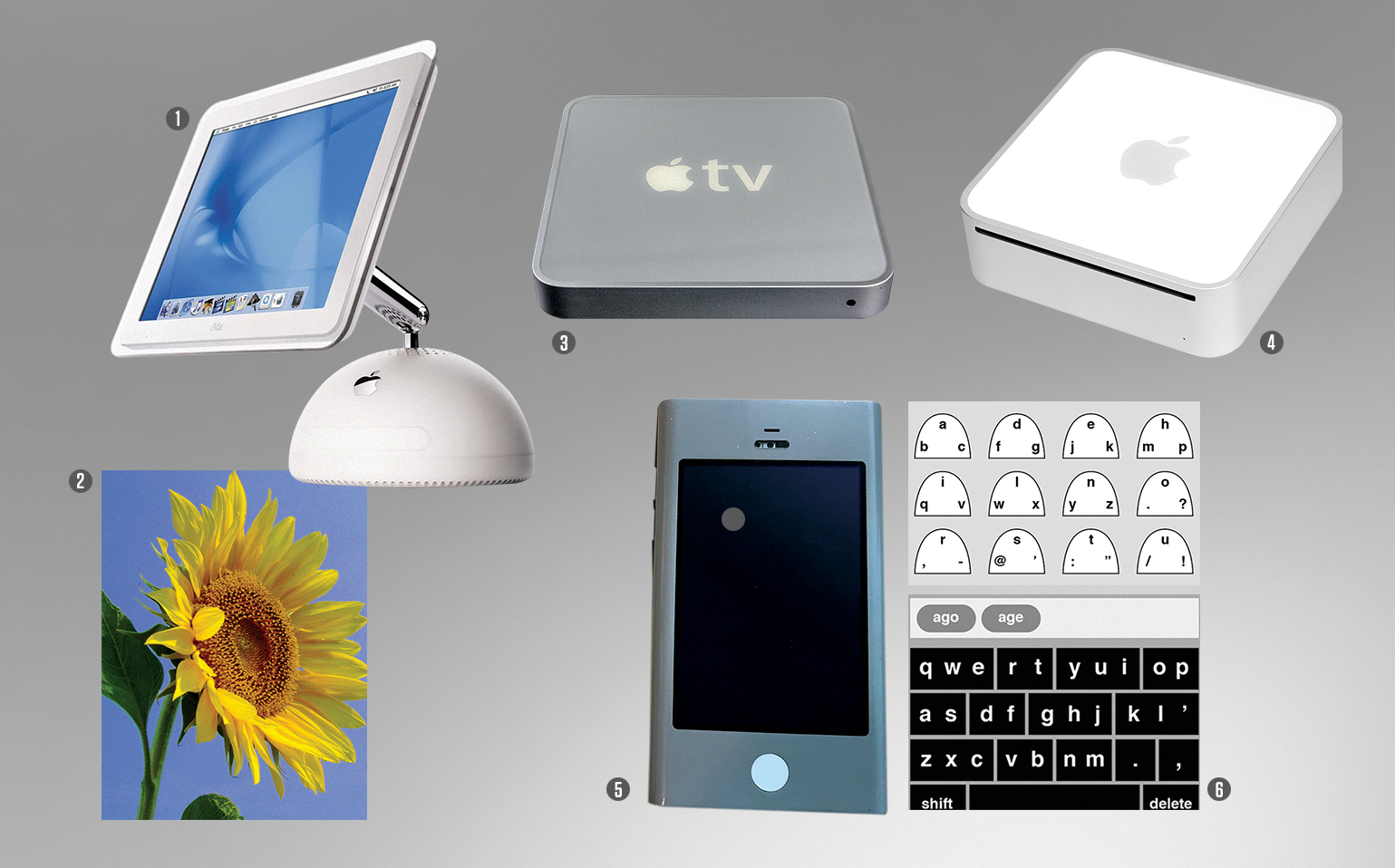 Imagem, em fundo cinza, com um mosaico de produtos da Apple.